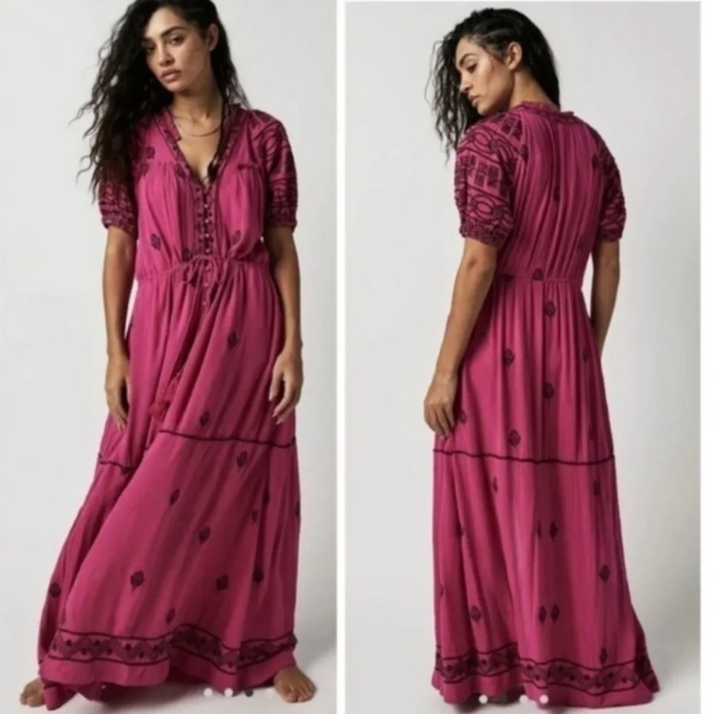 Free People Dress Riley Maxi Embroidered in Hollyhock Pink Combo